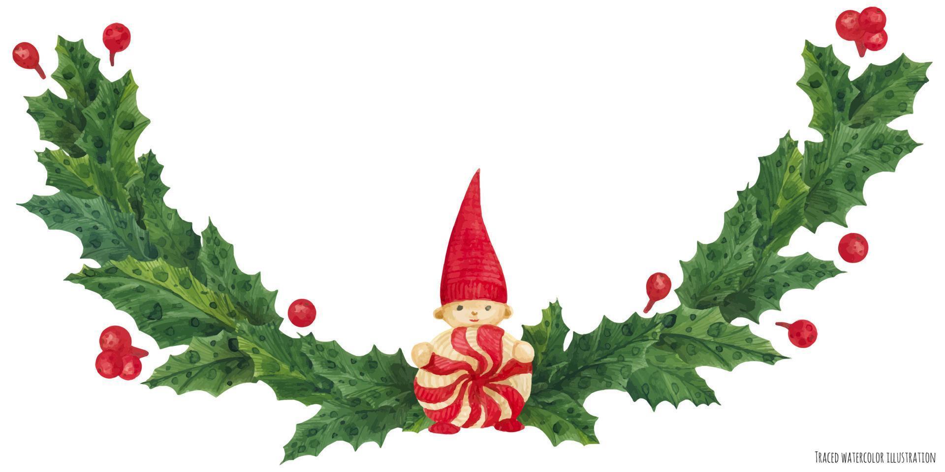 weihnachtsstechpalmengirlande mit gnome, aquarellillustration vektor