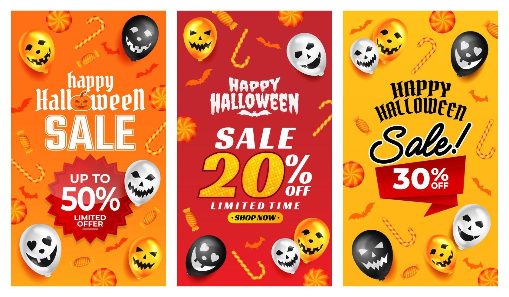 halloween-verkaufsförderung mit gruseligem ballon und süßigkeitsvektor, fröhlicher halloween-hintergrund für einzelhandelsförderung, banner, plakat, soziale medien, futter, einladung vektor
