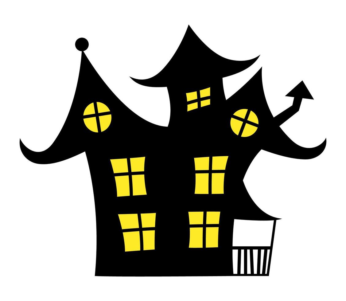 Vektor Spukhaus einfache Illustration. Schwarzes grooviges Haus mit gelbem Licht in den Fenstern.