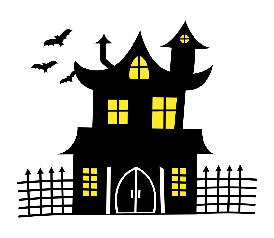 Vektor Spukhaus und Fledermäuse einfache Illustration für Halloween. Schwarzes grooviges Haus mit gelbem Licht in den Fenstern.