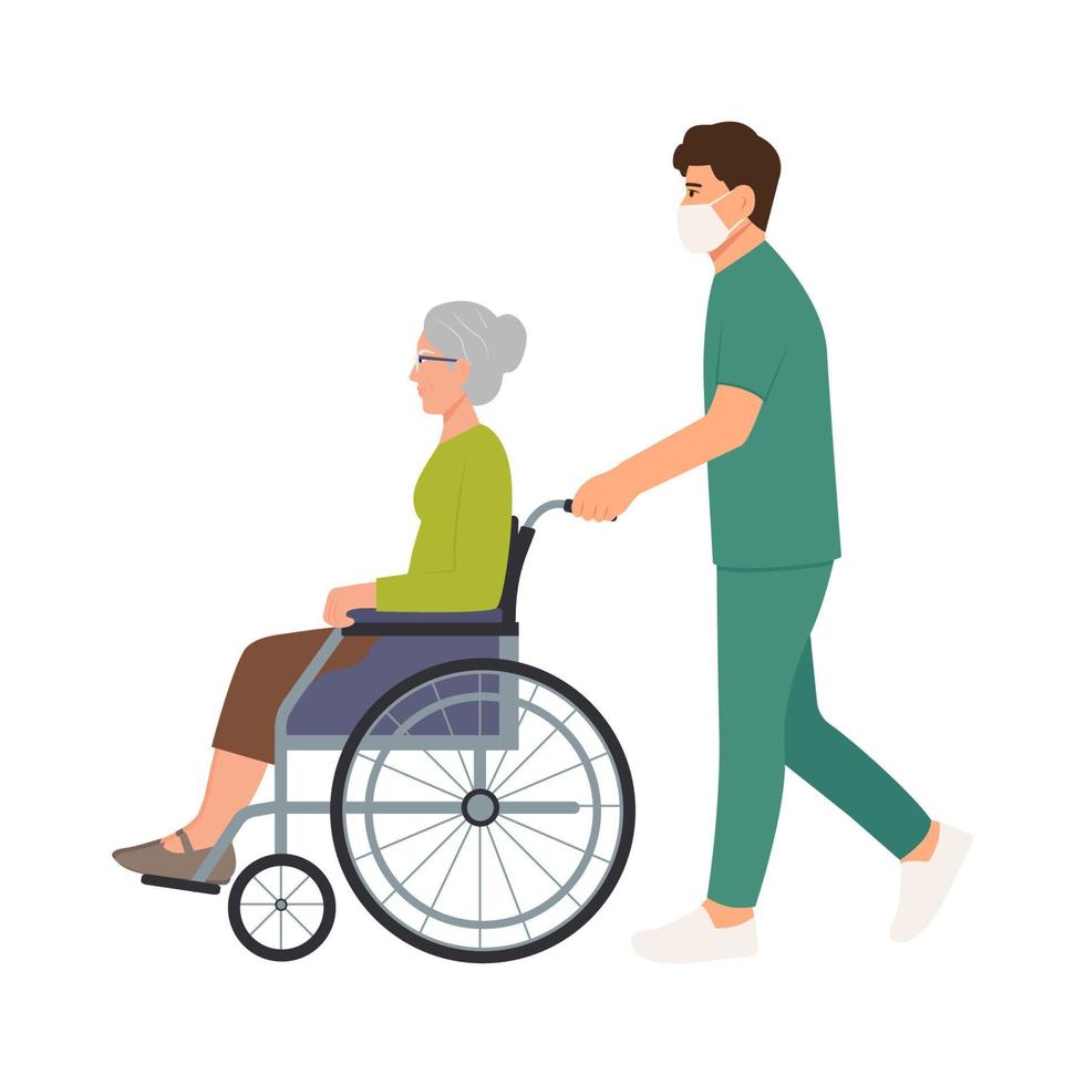 en manlig sjuksköterska i mask tryckande en rullstol för ett äldre kvinna. senior patient.vektor illustration vektor