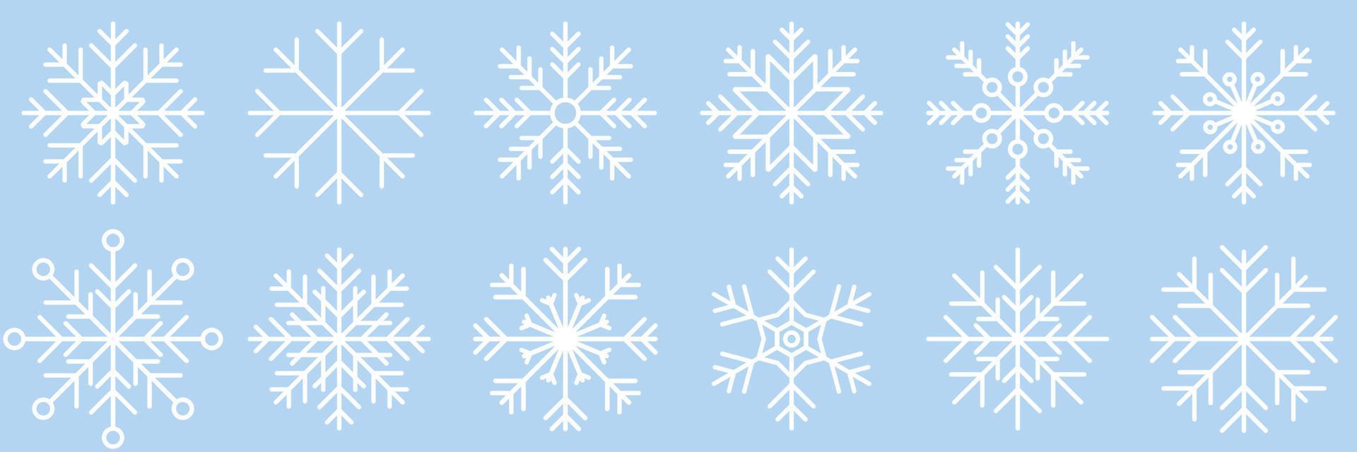 Sammlung von Symbolen für Schneeflockenvariationen. Schneeflocken-Icons gesetzt. Schneeflockensymbole. Schnee-Symbol. Frost Winter Hintergrund. Schneeflocken-Eiskristall isoliert. Vektor-Illustration vektor