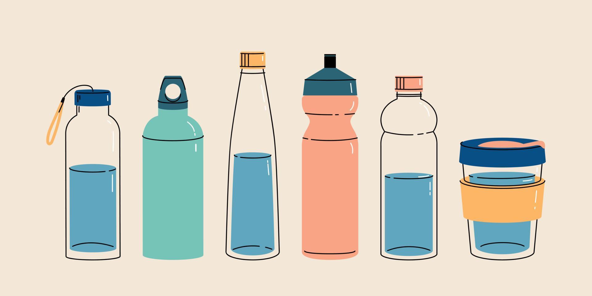 Nimm deine Wasserflasche. wiederbefüllbare Flaschen aus Glas, Kunststoff oder Metall. vektor