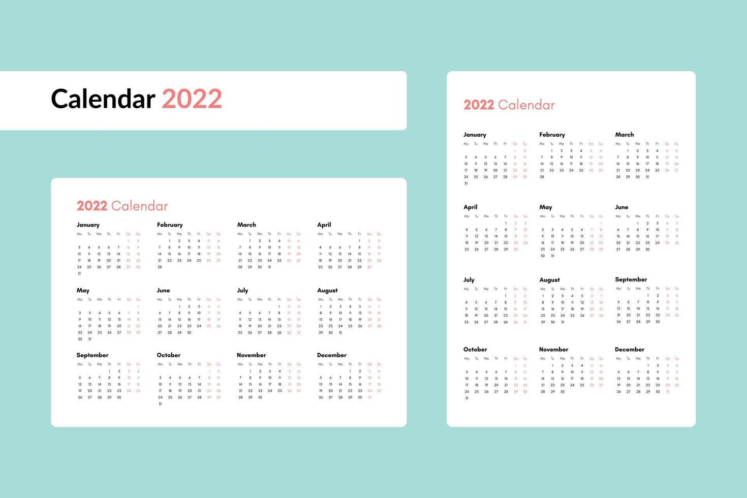 Taschenkalender für das Jahr 2022. horizontale und vertikale Ansicht. Woche beginnt ab Montag. vektor