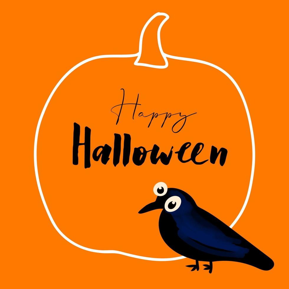glückliche halloween-illustration mit schwarzer krähe auf orange hintergrund vektor