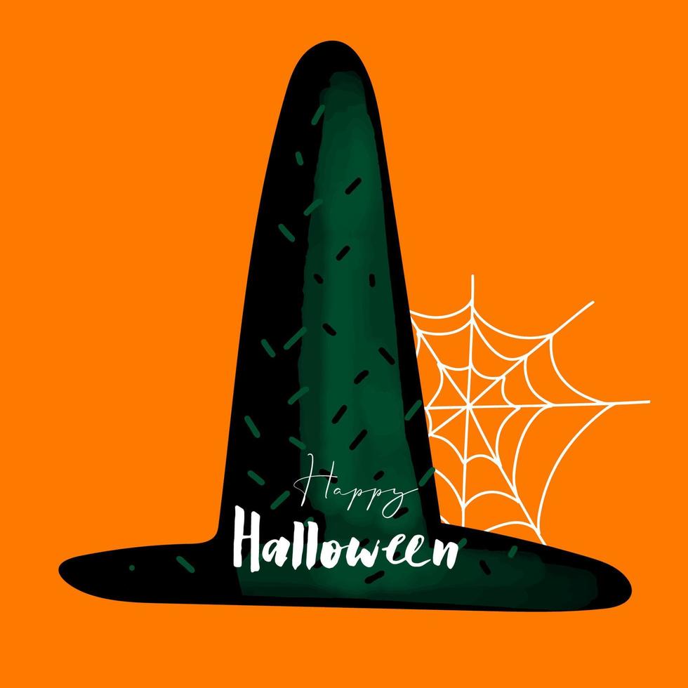 glückliche halloween-illustration mit hexenhut auf orange hintergrund vektor