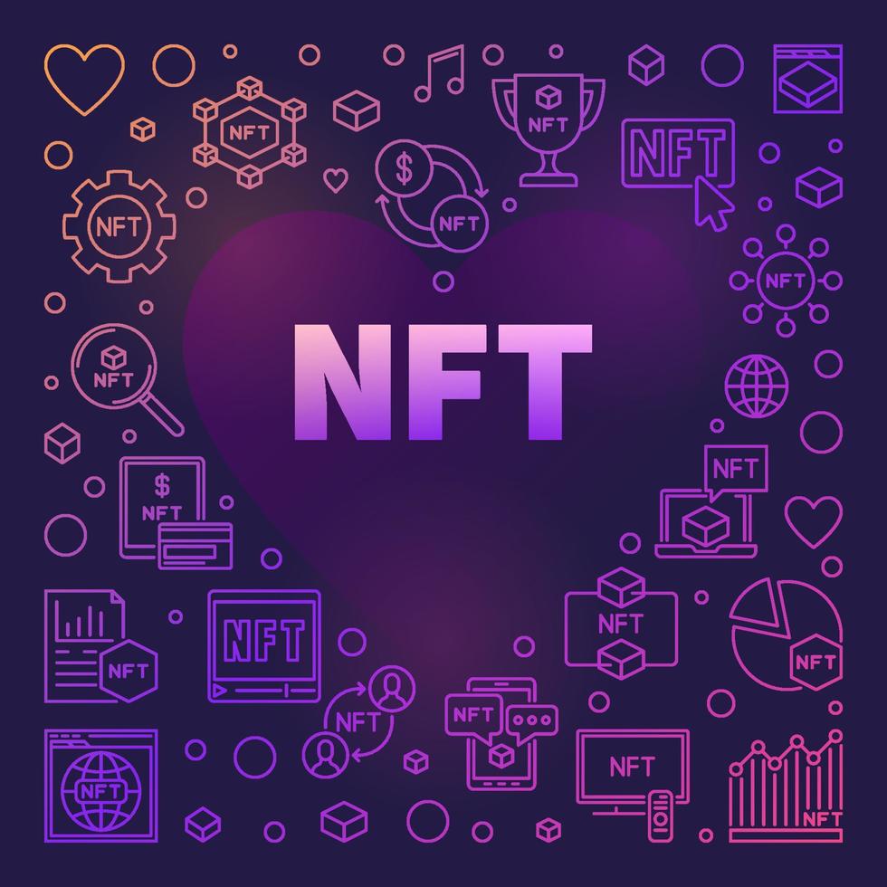 nft-technologie herzfarbener rahmen - nicht fungible token-vektorlinienillustration vektor