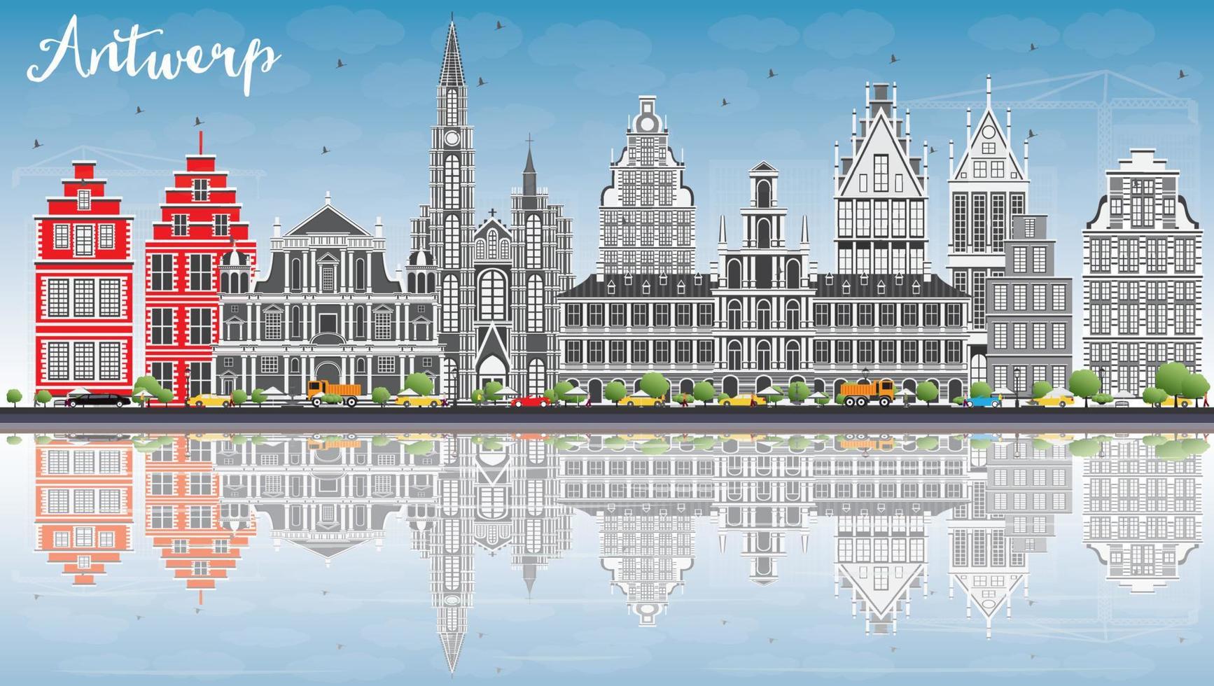 antwerpen horisont med grå byggnader, blå himmel och reflektioner. vektor