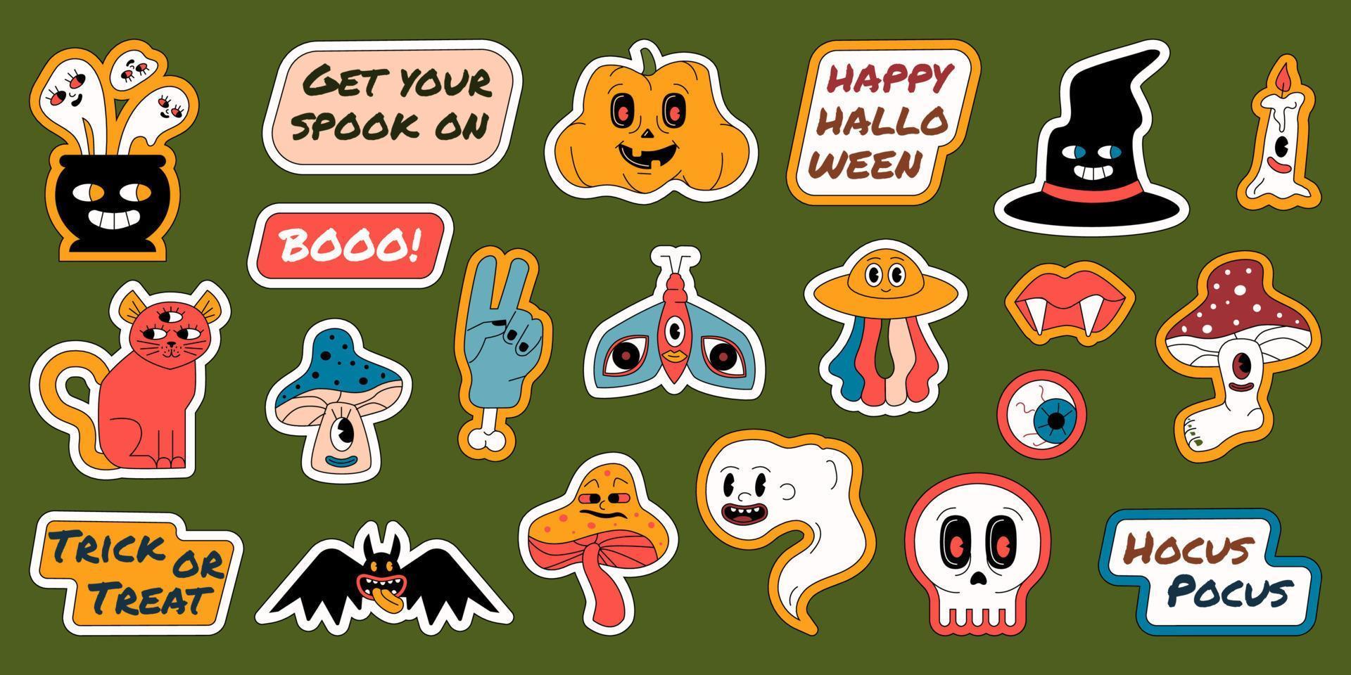 Eine Reihe von Halloween-Aufklebern mit lustigen und gruseligen Charakteren und Zitaten. grooviger umrissener Stil. vektor