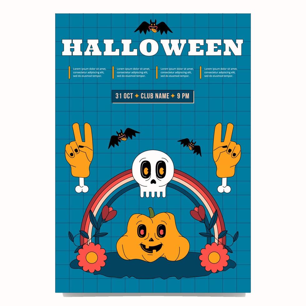 en konstig trendig skisse affisch mall för en halloween fest. design med skalle, regnbåge, pumpa och händer med ben. vektor