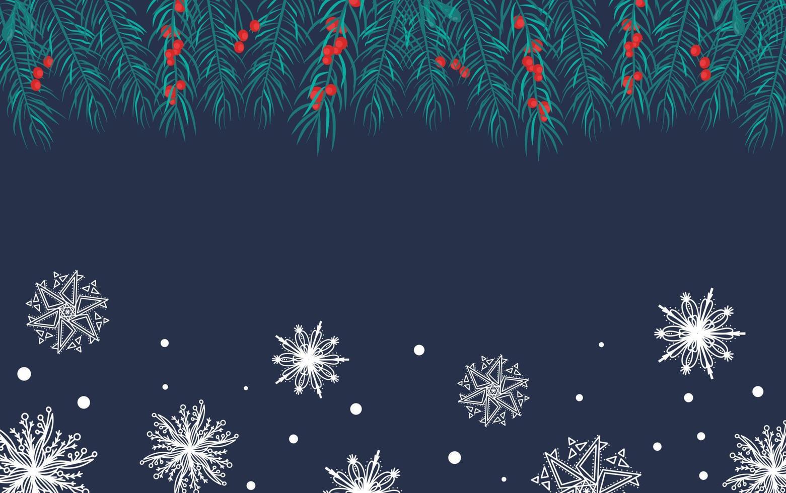 schöner Hintergrund mit weißen Schneeflocken und Beerenzweigen für Winterdesign. sammlung von weihnachtsneujahrselementen. gefrorene Silhouetten von Kristallschneeflocken. modernes Design. Urlaub Tapete. vektor