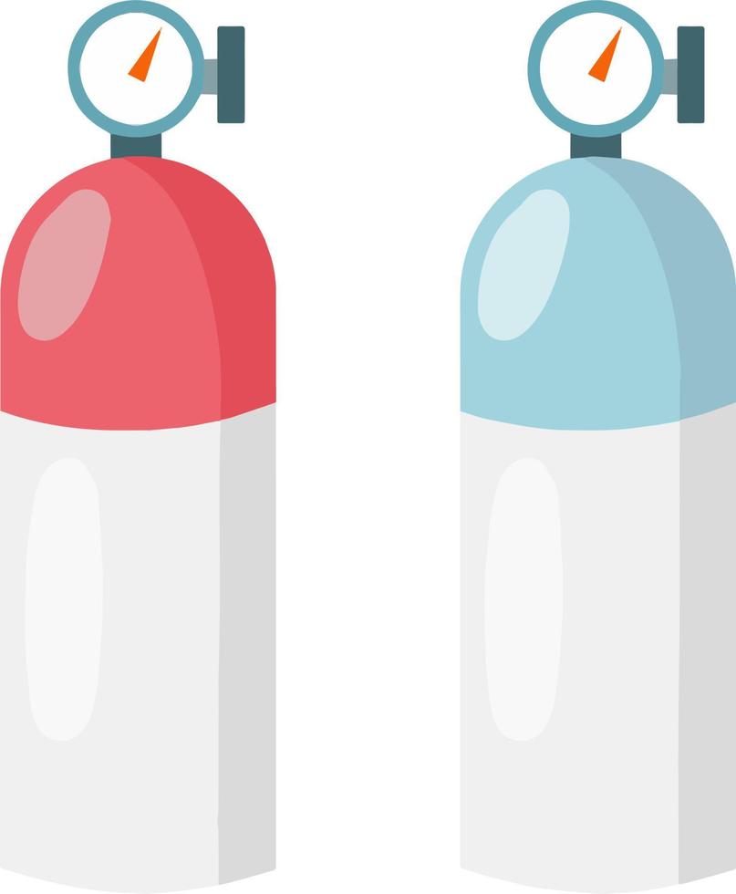 Gas- und Sauerstoffflasche mit Anzeige. roter und blauer Tank. medizintechnisches Element. Satz von Artikeln. flache illustration der karikatur. vektor