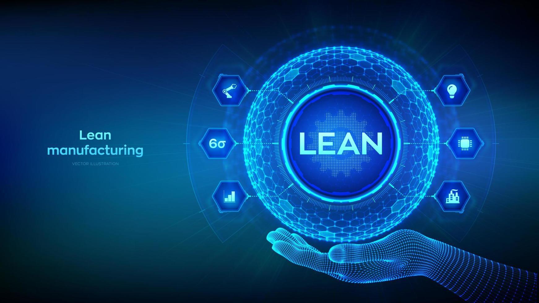 mager. Six Sigma Smart Industry, Qualitätskontrolle, Standardisierung. Lean Manufacturing dmaic. Konzept zur Optimierung von Geschäfts- und Industrieprozessen. Sechseckige Gitterkugel in Drahtgitterhand. Vektor. vektor