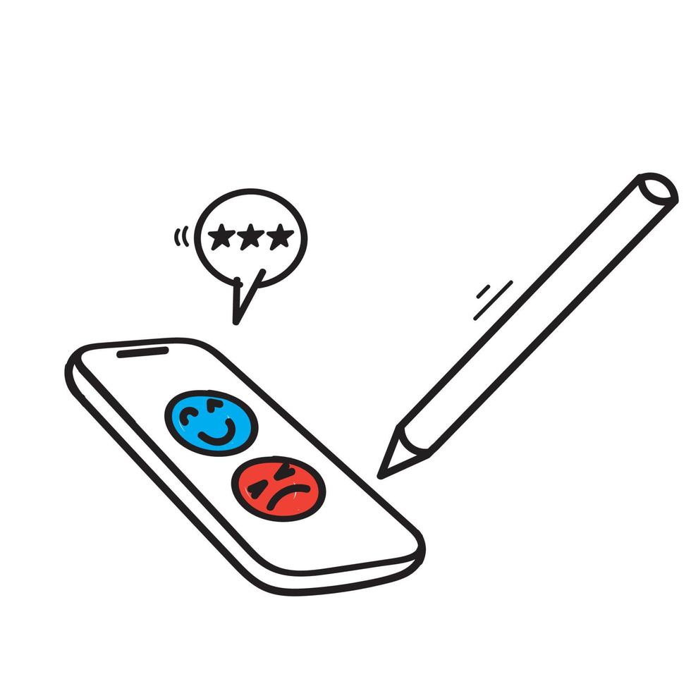 hand gezeichnetes gekritzelfeedback und umfrage auf smartphone-illustrationssatzikone vektor