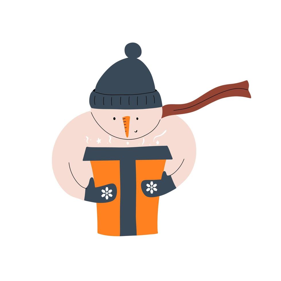 snögubbe i en hatt, scarf och med en ny år gåva. vektor illustration i hand dragen stil