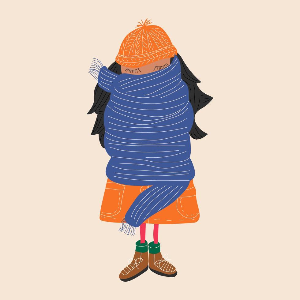 Das Mädchen ist in einen Schal gehüllt. schneereiches winterwetter, gemütliches kleidungskonzept. trendige Vektorgrafiken vektor