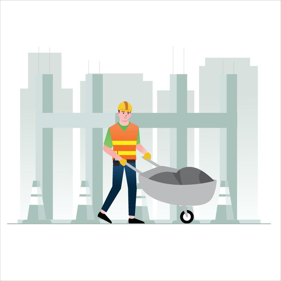 Illustration eines Bauarbeiters, der einen Karren schiebt vektor