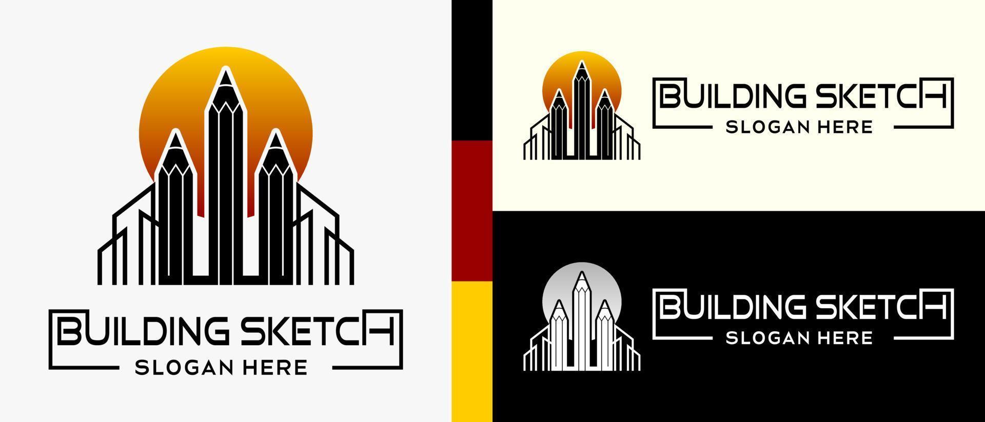 Bleistift-Logo-Design-Vorlage mit Mond- oder Sonnensymbol und Gebäude im kreativen Konzept. Premium-Vektor-Gebäude oder Gebäudedesigner-Logo-Illustration vektor