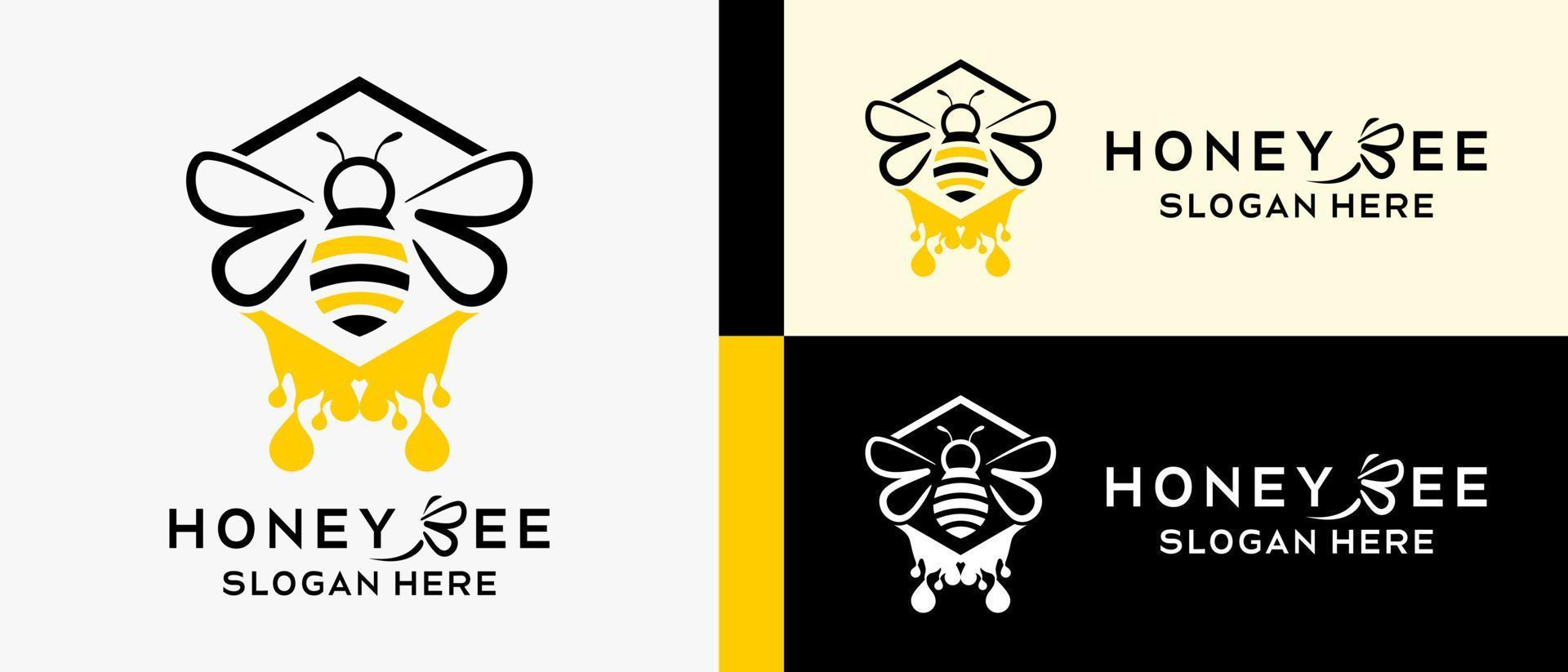 honung bi logotyp design mall med kreativ begrepp av bi och honung släppa element. premie vektor logotyp illustration