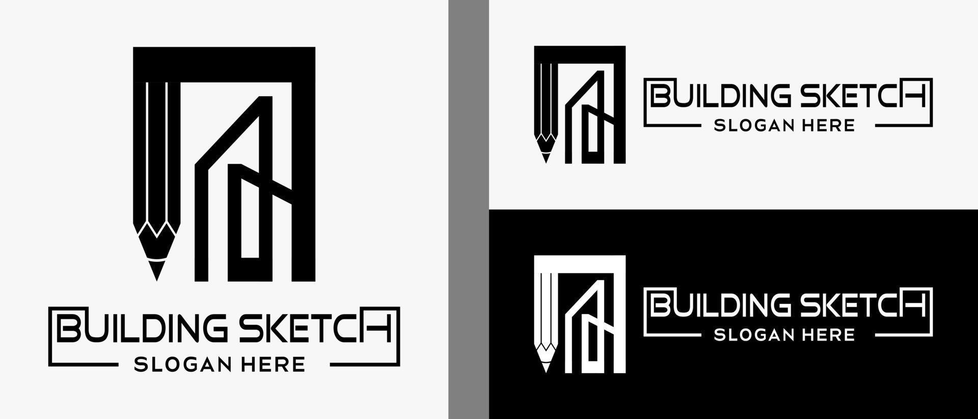 Bleistift-Logo-Design-Vorlage mit Gebäude in Schwarz-Weiß-Linie Kunstkonzept. Premium-Vektor-Gebäude oder Gebäudedesigner-Logo-Illustration vektor