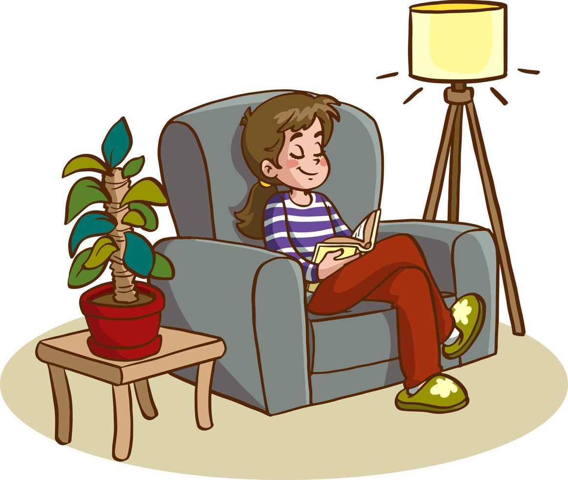 Mädchen sitzt auf dem Sofa und liest ein Buch vektor