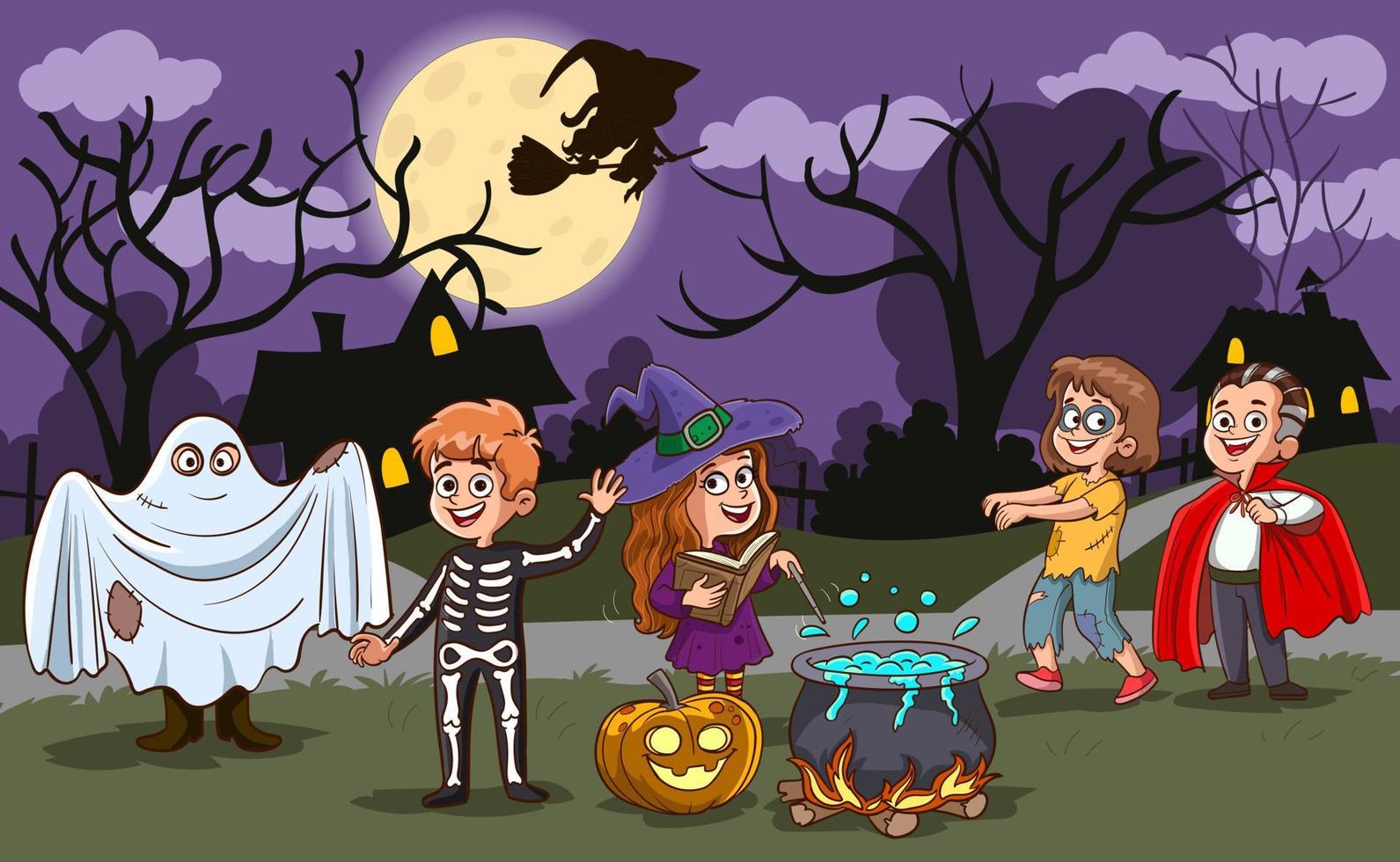 Lycklig halloween. barn klädd i halloween fint klänning till gå lura eller behandlande.vektor illustration. vektor