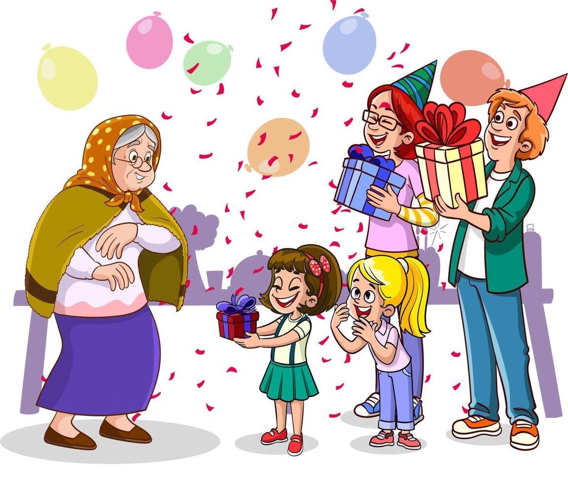 familj firar mormors Lycklig födelsedag. vara överraskad med de födelsedag kaka, bollar och Semester dekorationer. relation av de kärleksfull familj, son och barnbarn och farmor. vektor