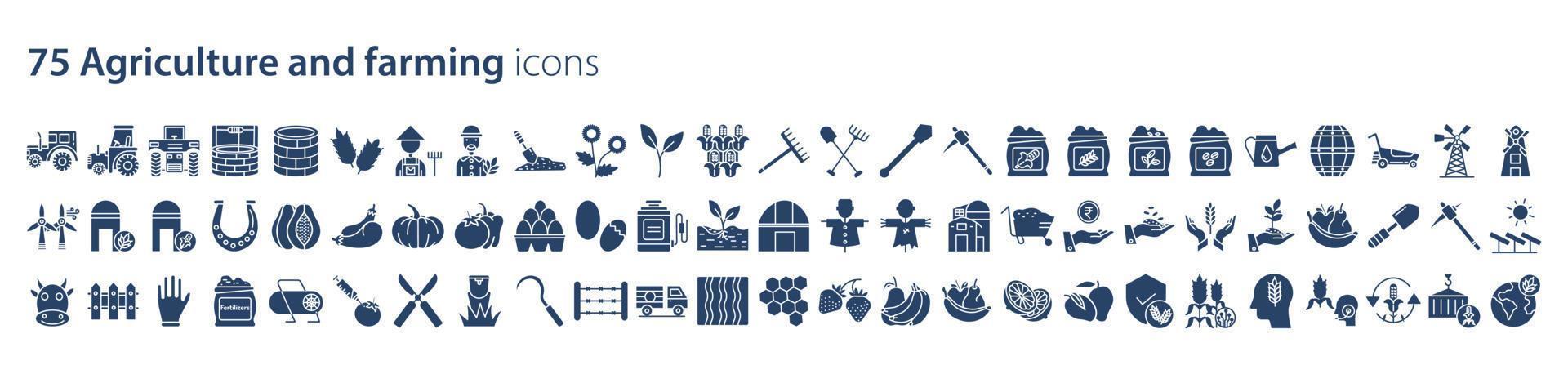 Sammlung von Symbolen im Zusammenhang mit Landwirtschaft und Landwirtschaft, einschließlich Symbolen wie Blatt, Traktor, Lebensmittel, Obst, Garten und mehr. Vektorgrafiken, pixelgenau vektor