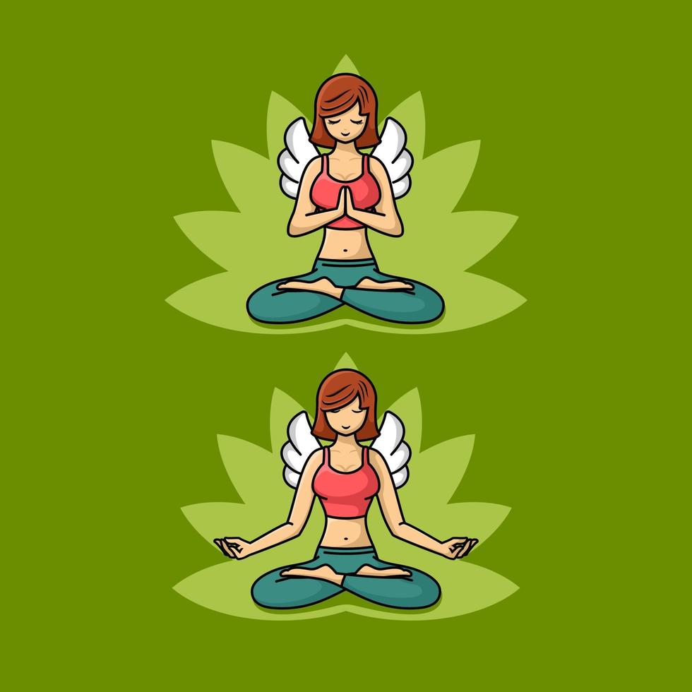 mädchen mit den flügeln, die yoga in der gesetzten illustration der lotoskarikatur, flacher designstil tun vektor