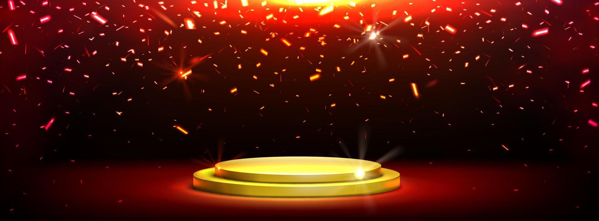 goldenes Podium mit fallendem Konfetti, 3D-Hintergrund vektor