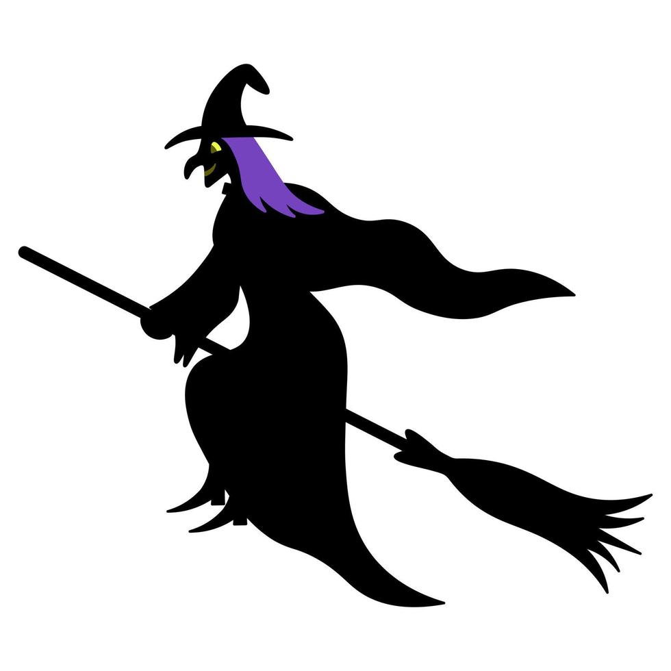 die Hexe fliegt rittlings auf einem Besenstiel. Silhouette. eine Frau mit Hut und langer Buckelnase. charmante Baba Yaga. lächelnde Hexe. Halloween-Symbol. Dekoration für Allerheiligen. vektor
