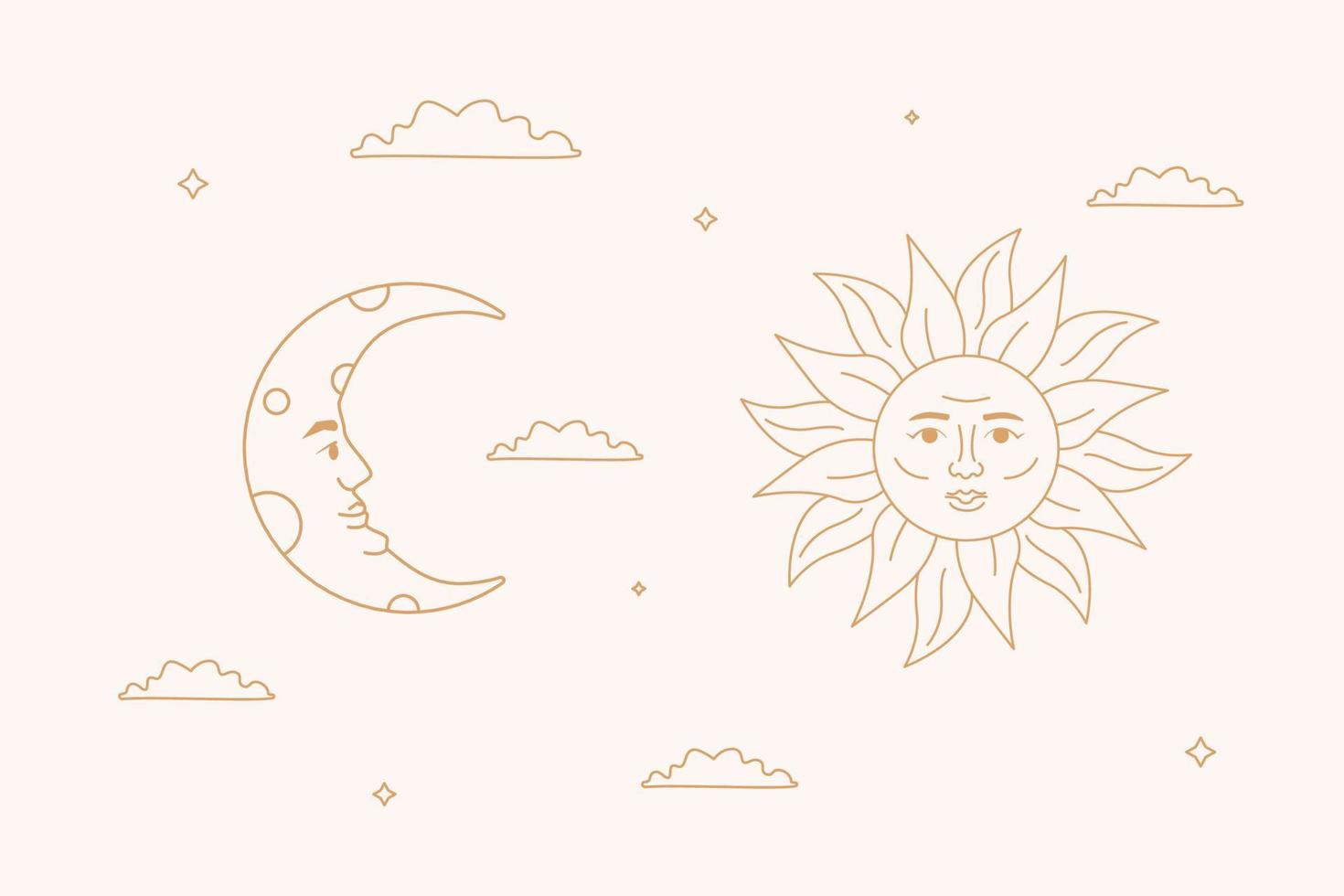 gyllene skisse Sol och de halvmåne i de himmel. himmelsk esoterisk tecken. vektor