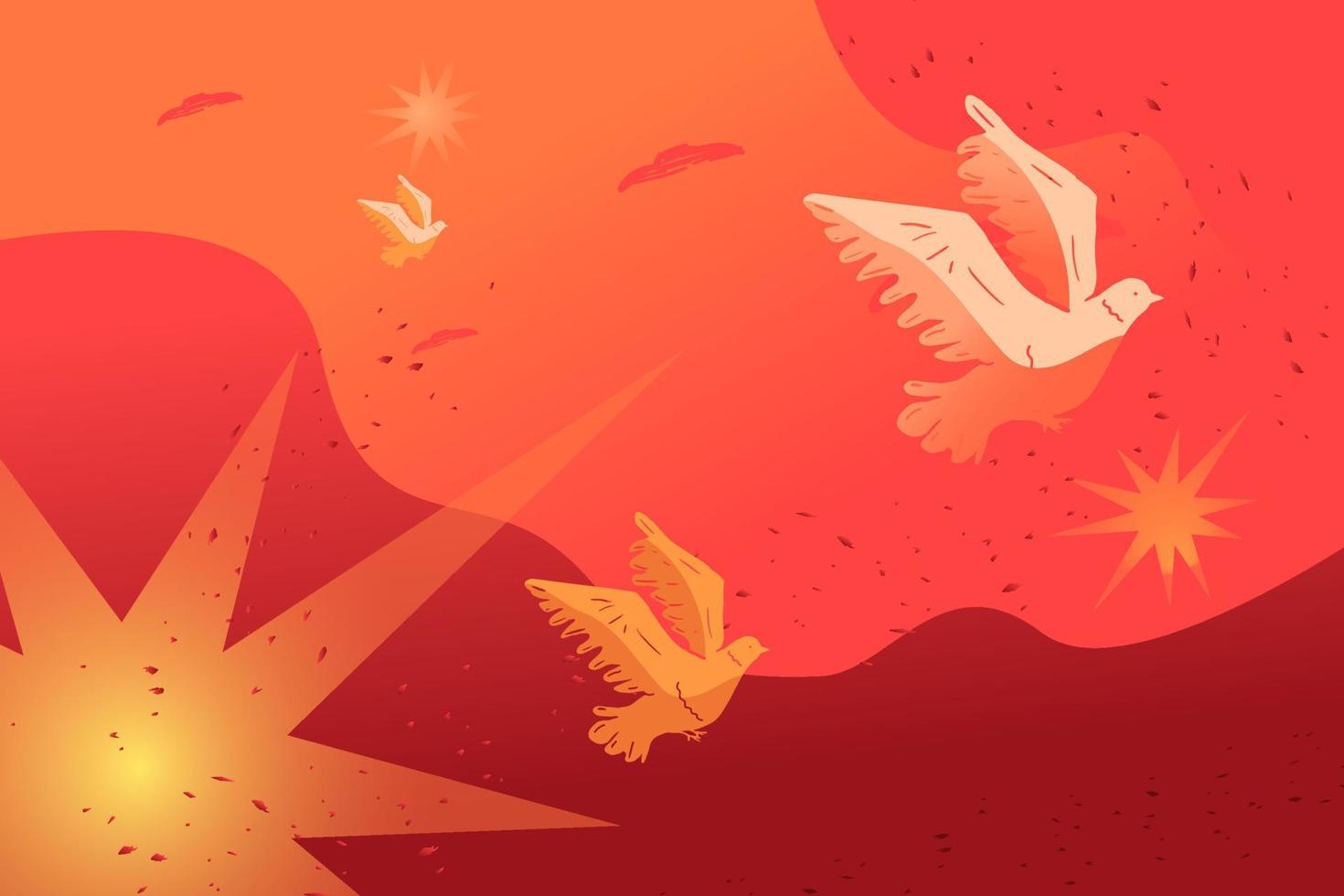 fliegende versengte Tauben vor einem Hintergrund aus rotem Himmel und Explosionen, eine Metapher für Ptsd unter Zivilisten nach dem Krieg. vektor