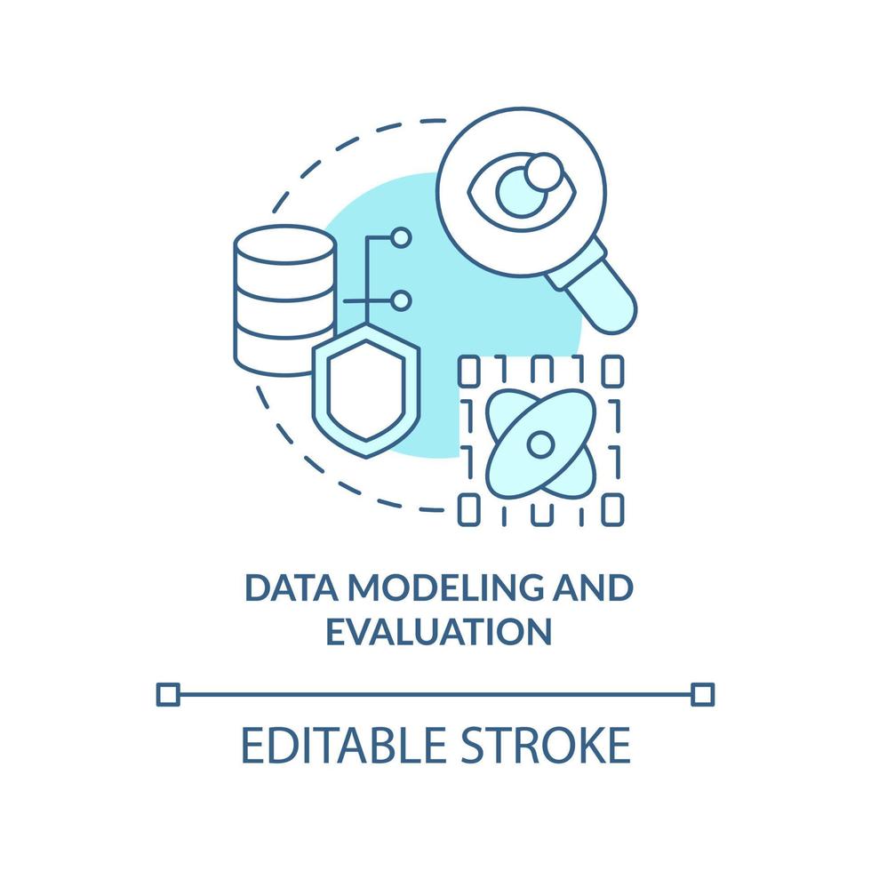 Symbol für das türkisfarbene Konzept der Datenmodellierung und -auswertung. Maschinelles Lernen Ingenieur Fähigkeit abstrakte Idee dünne Linie Illustration. isolierte Umrisszeichnung. editierbarer Strich. vektor