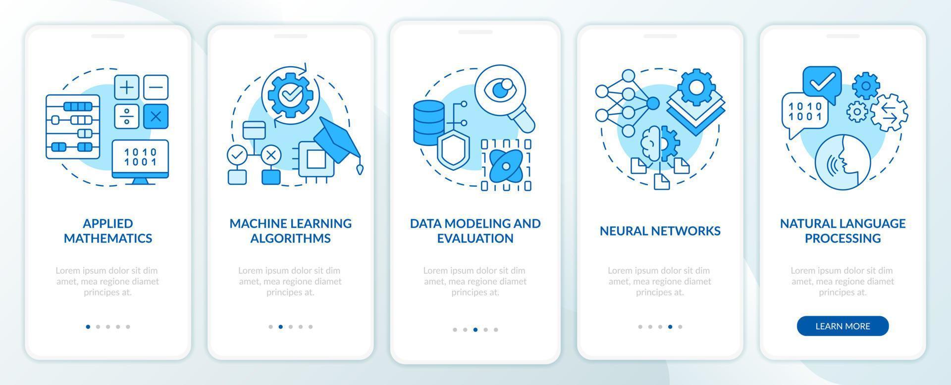 Machine Learning Engineer Skills blauer Onboarding-Bildschirm für mobile Apps. Komplettlösung 5 Schritte editierbare grafische Anweisungen mit linearen Konzepten. ui, ux, gui-Vorlage. vektor