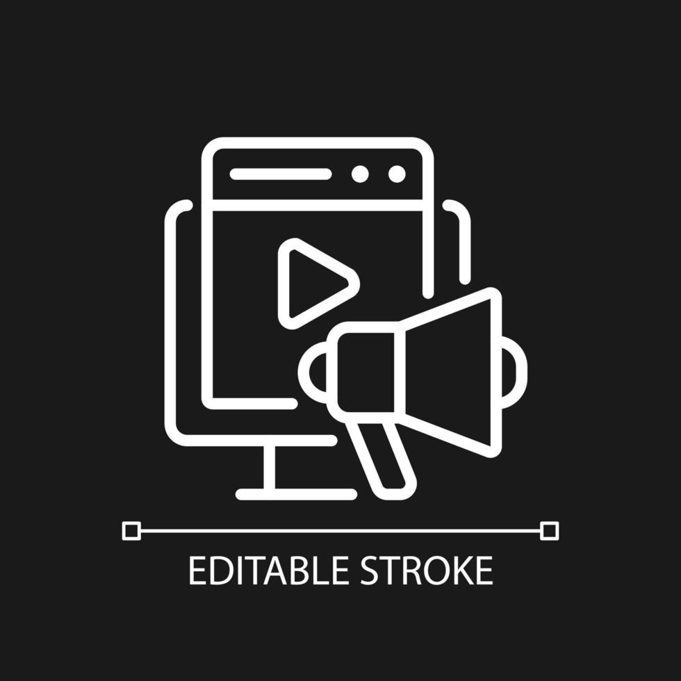 video marknadsföring pixel perfekt vit linjär ikon för mörk tema. nå kunder med multimedia innehåll. tunn linje illustration. isolerat symbol för natt läge. redigerbar stroke. vektor