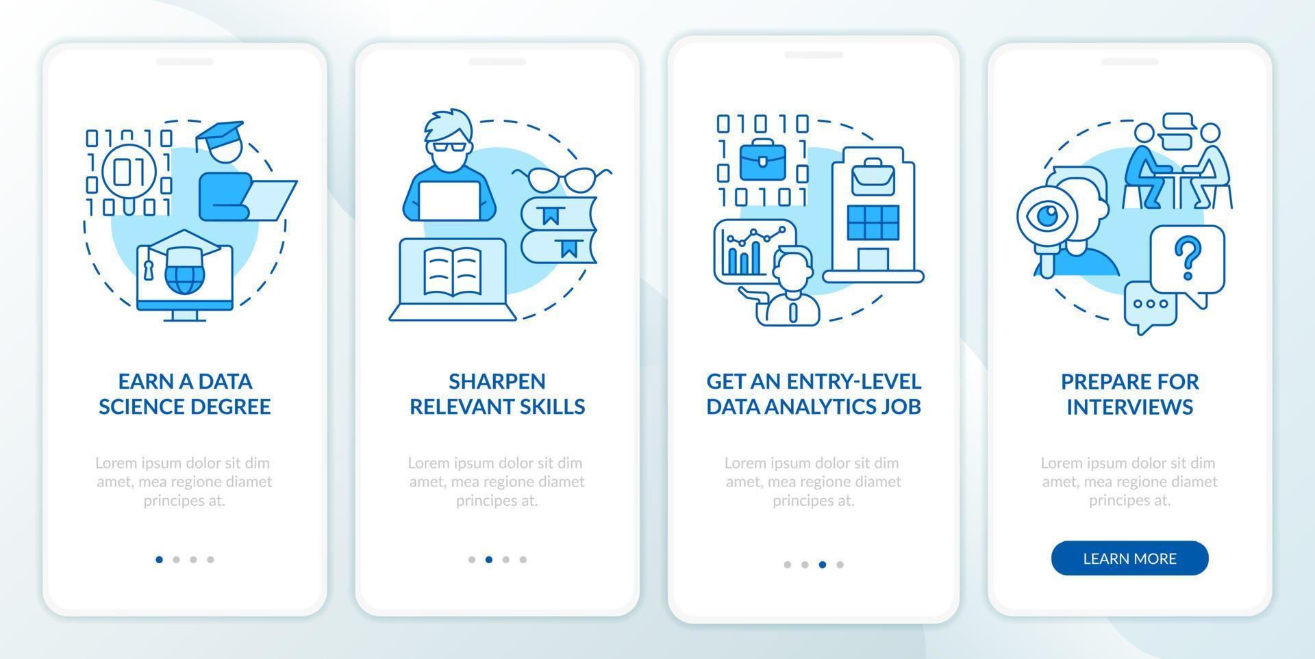 Datenwissenschaftler werden blauer Onboarding-Bildschirm der mobilen App. Komplettlösung 4 Schritte editierbare grafische Anweisungen mit linearen Konzepten. ui, ux, gui-Vorlage. vektor