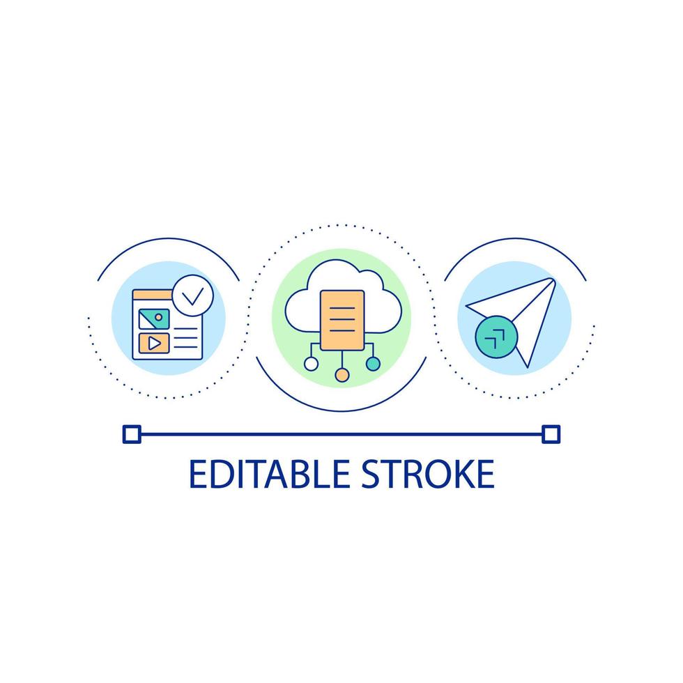 Symbol für das Konzept der Cloud-Speicher-Setup-Schleife. webseite, die abstrakte idee teilt, dünne linie illustration. Multimediale Inhalte. dynamische Webseite. isolierte Umrisszeichnung. editierbarer Strich. vektor