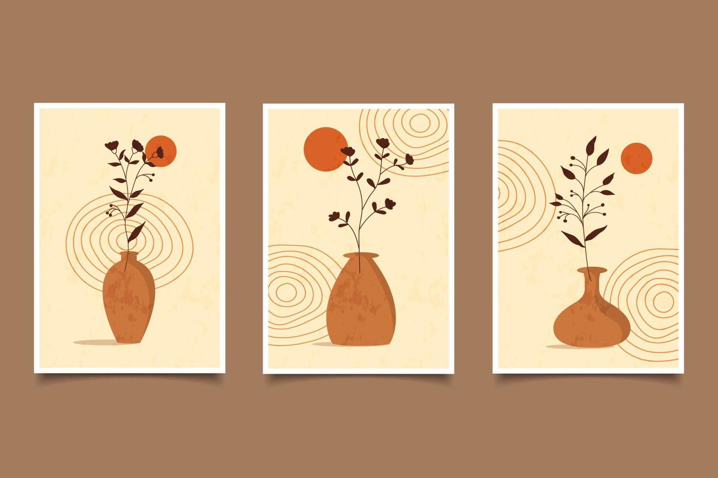Set aus minimalistischen Blättern und Vasen im Boho-Stil vektor