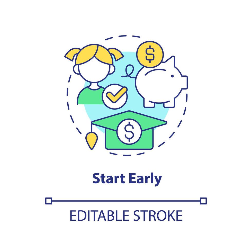 Start tidigt begrepp ikon. pengar för utbildning. dricks för sparande för högskola abstrakt aning tunn linje illustration. isolerat översikt teckning. redigerbar stroke. vektor