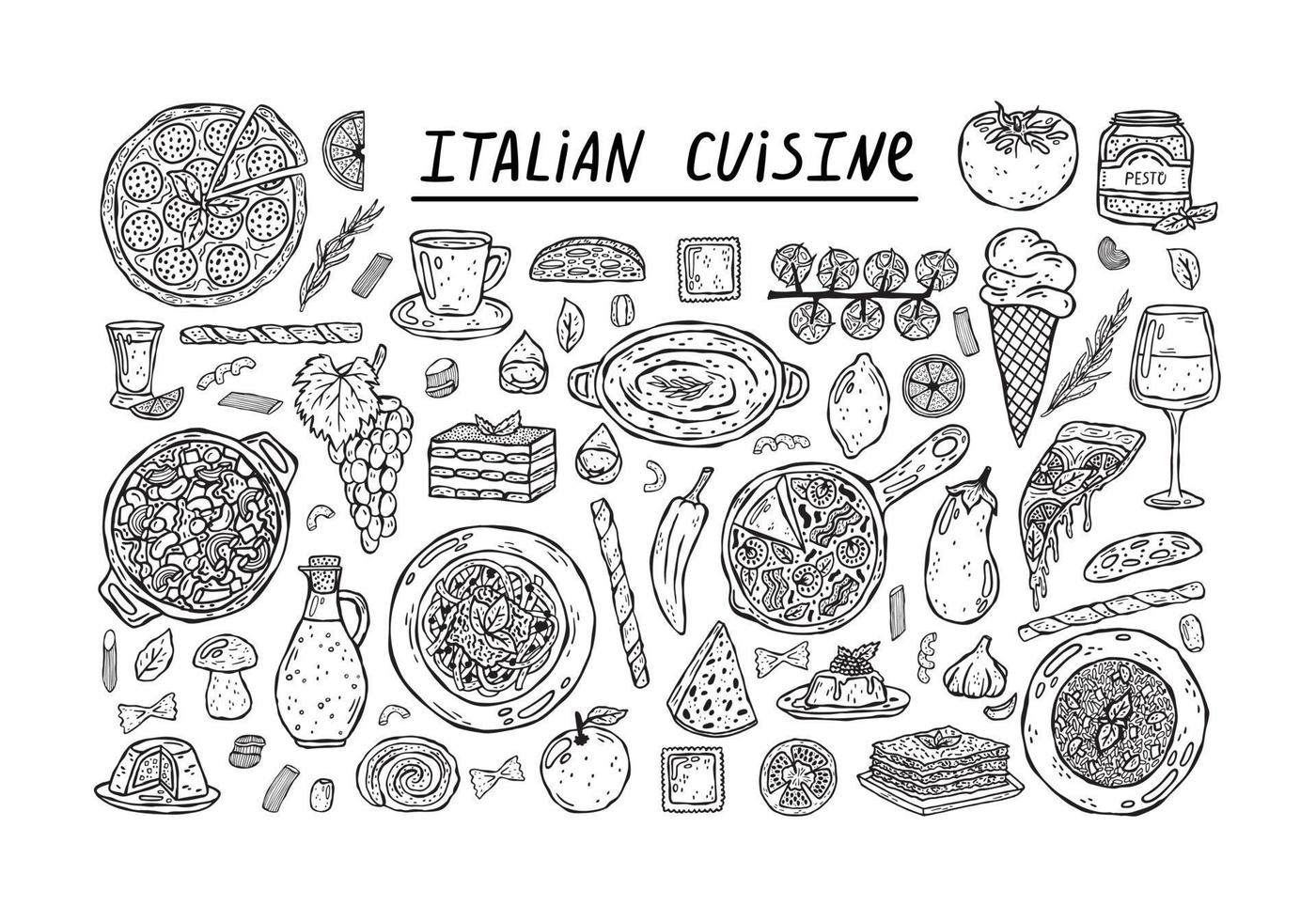 vektorsatz von handgezeichneten illustrationen der italienischen küche. vektor