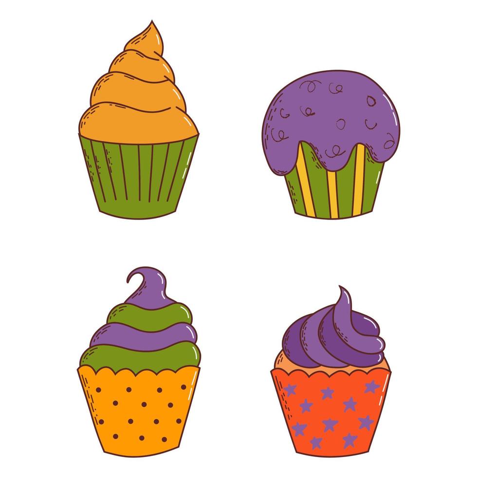 söt halloween cupcakes. halloween element. lura eller behandla begrepp. vektor illustration i hand dragen stil