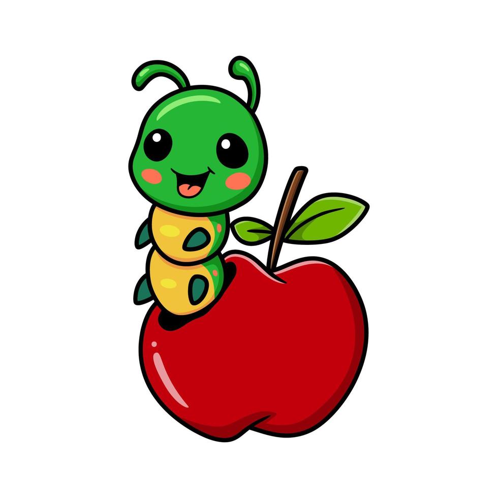söt liten larv tecknad serie kommer ut från av de röd äpple vektor