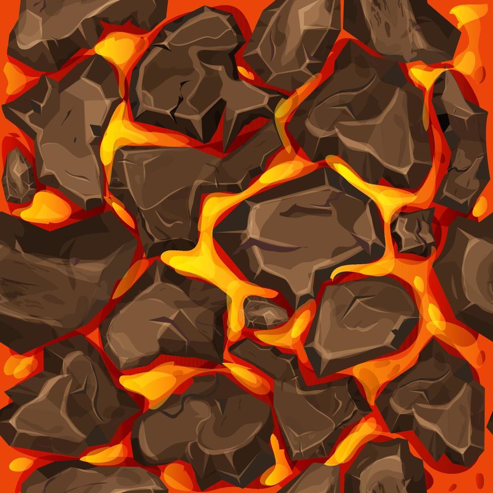 lava, magma med stenar i tecknad serie stil sömlös mönster bakgrund. utbrott effekt, landskap. textur, design. vektor illustration