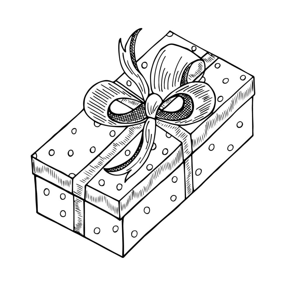 jul gåva låda med band och rosett. vektor illustration dragen förbi hand. insvept paket med en överraskning.