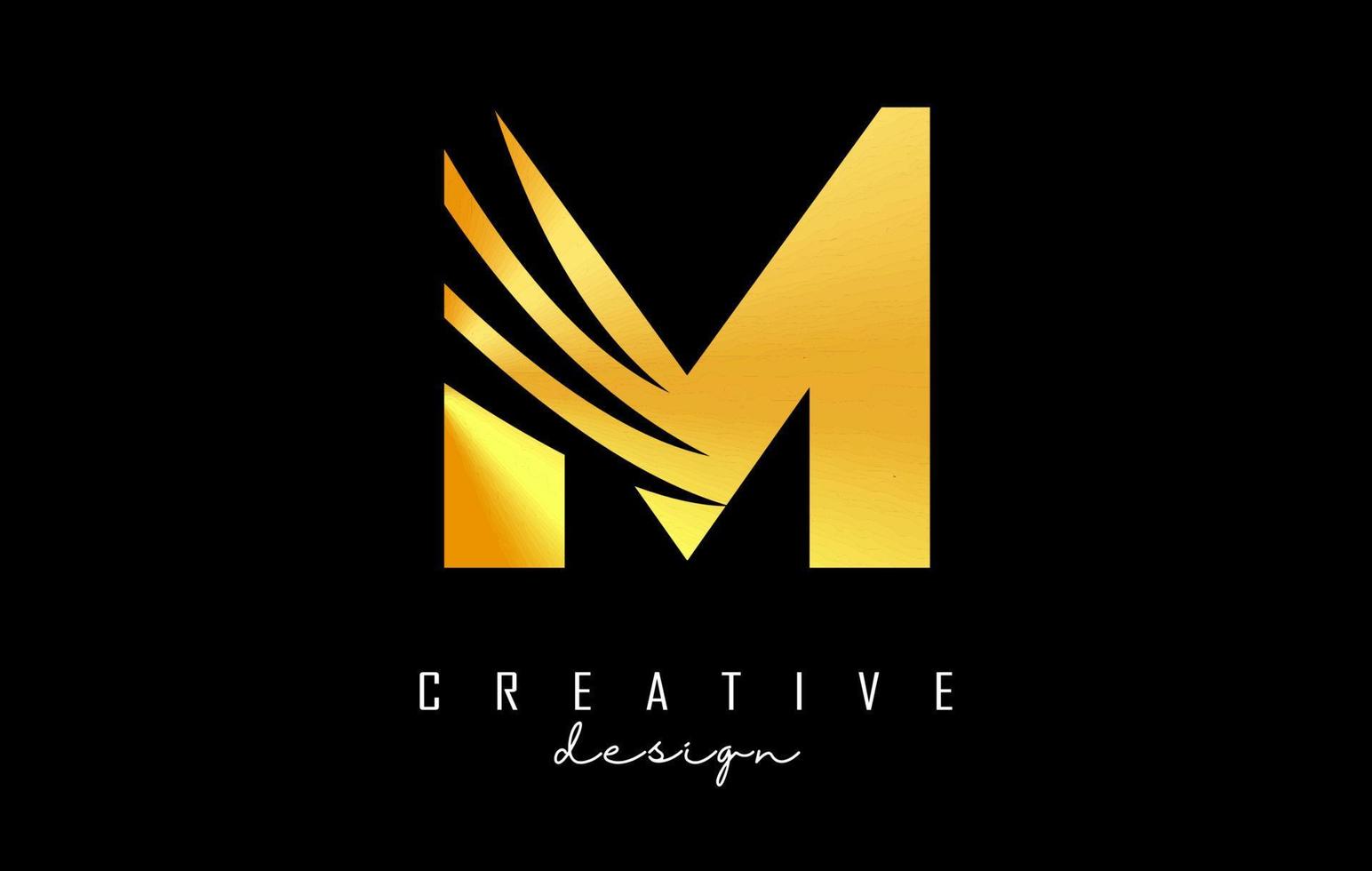 goldenes m-logo mit führenden linien und negativem raumdesign. brief mit geometrischem und kreativem schnittkonzept. vektor