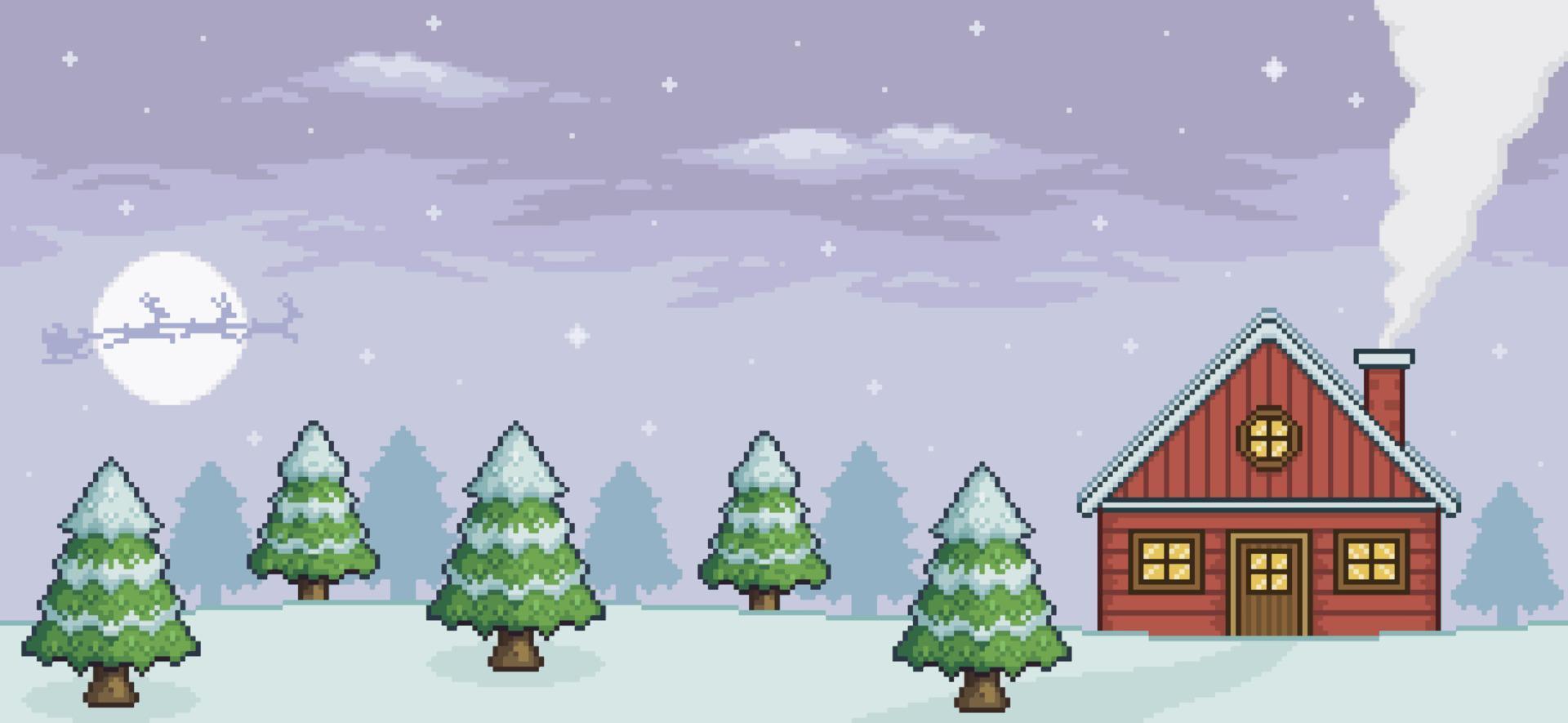 Pixelkunst-Weihnachtslandschaft mit rotem Haus, Kiefer, Schnee, Weihnachtsmann 8-Bit-Spielhintergrund vektor