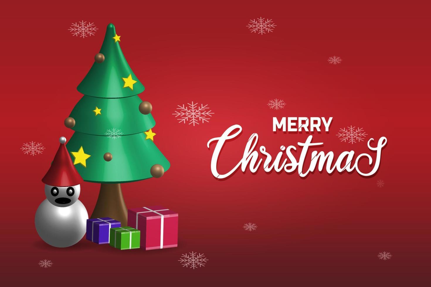 glad jul. grön jul träd med utsmyckad dekoration, snögubbe, gåva låda och snöfall, röd bakgrund, realistisk 3d vektor dekorativ