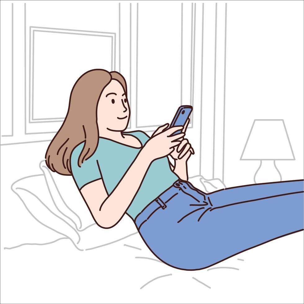 frauen nutzen smartphones, um über soziale medien, vektordesign und illustration mit menschen in verbindung zu treten. vektor