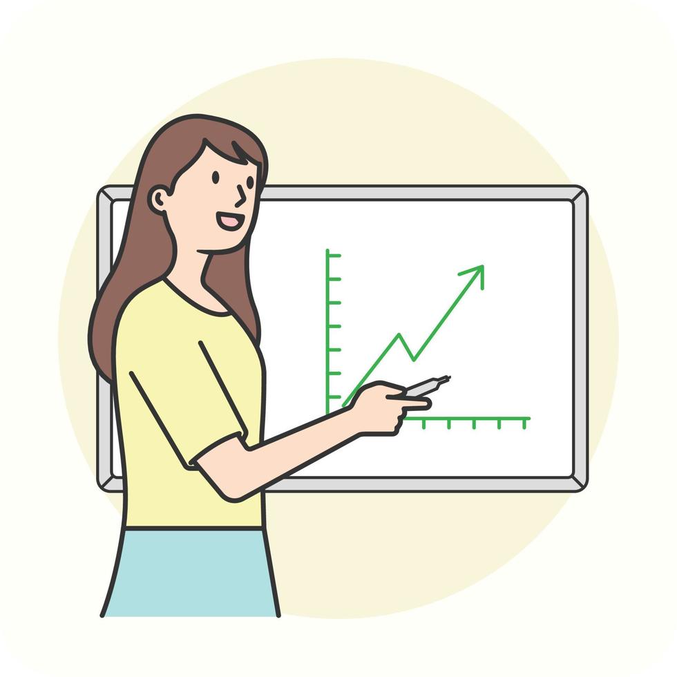 weibliche mitarbeiterin, die sich bei einer besprechung auf der graphentafel, 2d-charakteraktivität, vektordesign und isoliertem hintergrund vorstellt. vektor